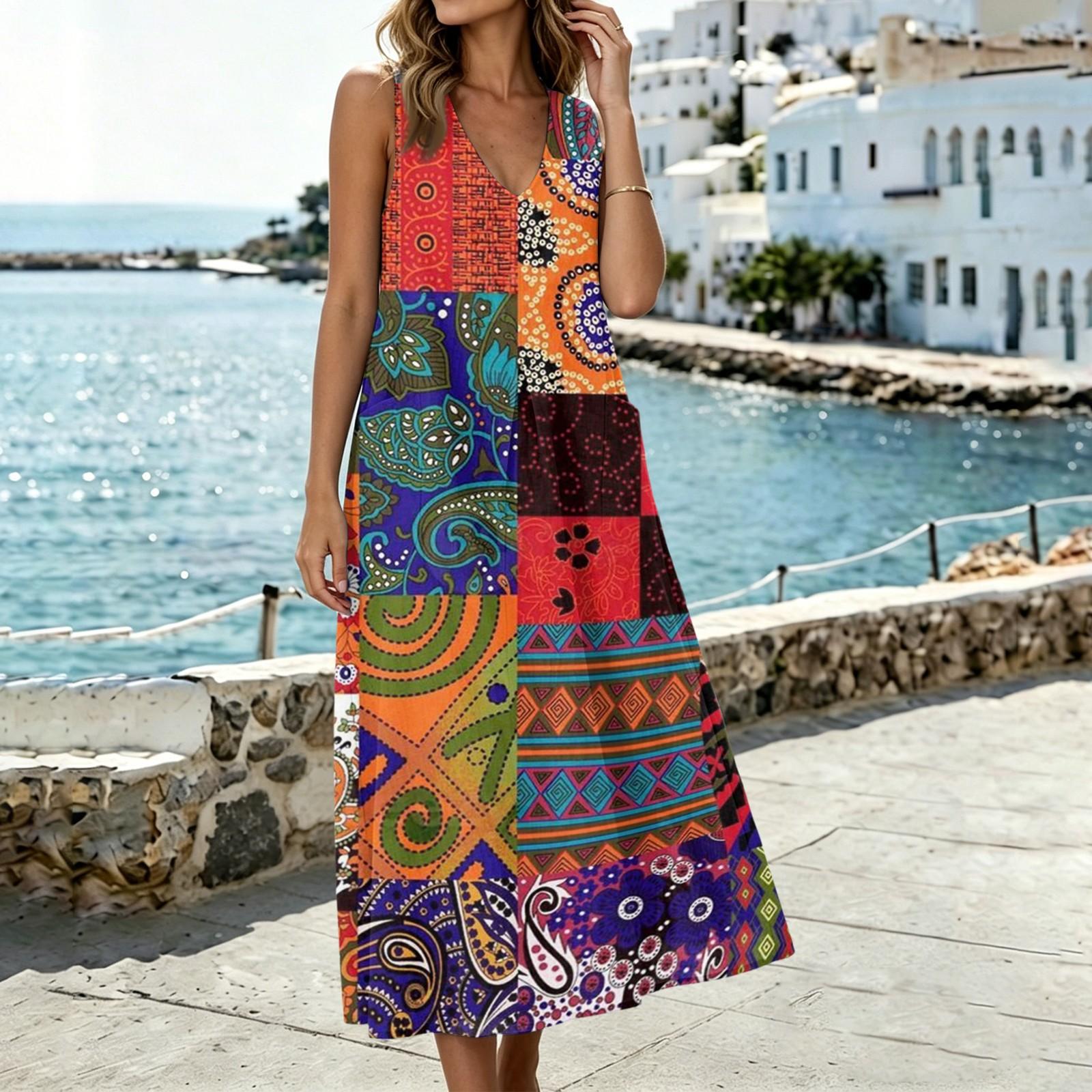 Sleeveless V Neck Midi Dress with Tropical Floral and Leaf Print Relaxed Fit Lightweight Material for Women L оранжевый