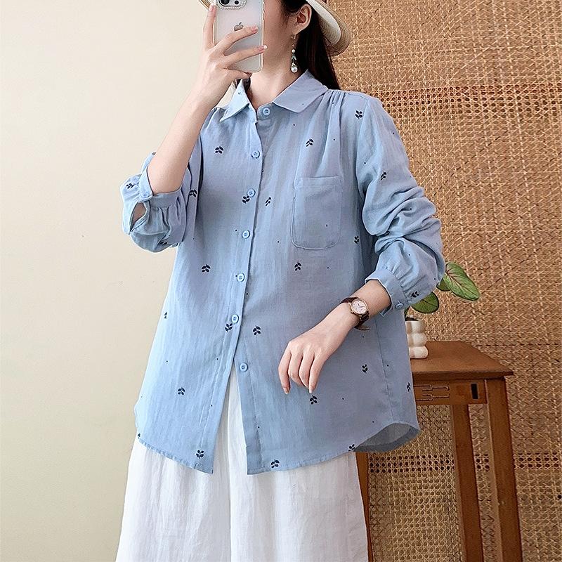 New Korean Temperament Casual Double-layer Cotton Yarn Pure Cotton Printed Shirt Women's Simple Design Versatile Lapel Shirt