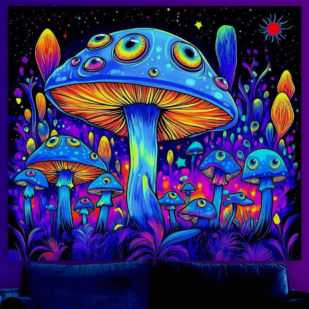 WEBEEDY Blacklight Mushroom Tapestry Glow in The Dark Tapestry Mysterious Eyes Tapestries UV Reactive Colorful Posters Backdrop Wall Hanging Decor for 100X70CM