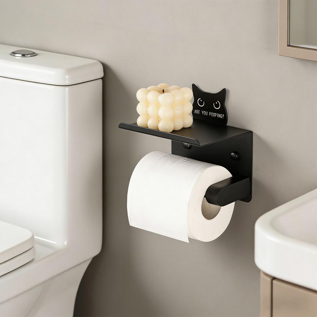 Space Saving Adhesive Toilet Paper Stand With Extra Platform For Phones And Small Items