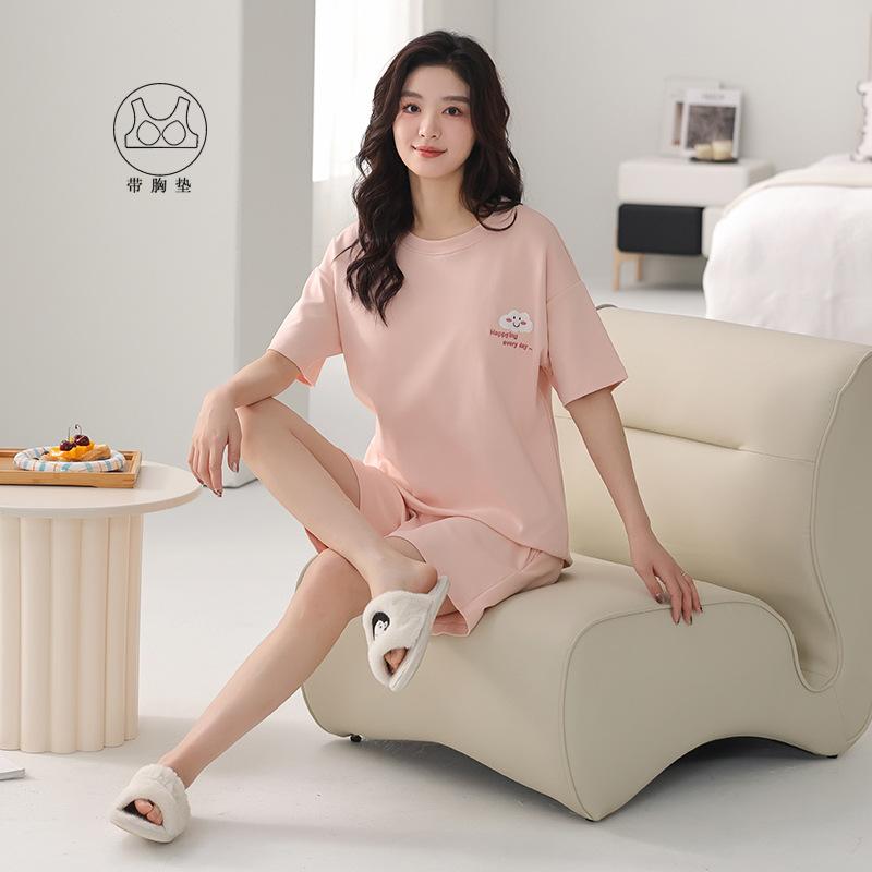 1011 new pajamas with chest pads women's summer pure cotton thin short-sleeved shorts cotton cartoon loungewear