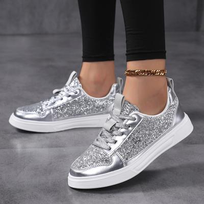 Fashion Women's Casual Board Shoes Leather Silver Sneakers Platform Sports Shoes Women Sneakers Spring Lightweight Walking Flat Shoes
