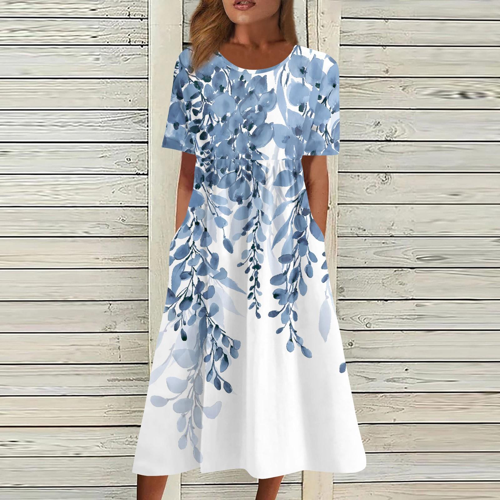 

Женские повседневные платья Платья с принтом Летние платья Плиссированные свободные платья с круглым вырезом и принтом L синий