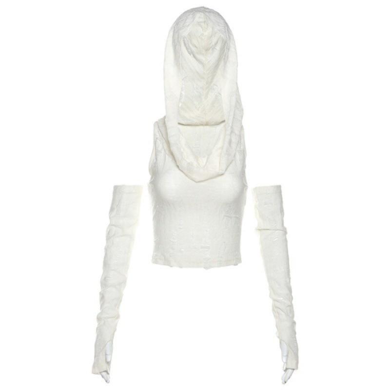 

Dune Wasteland Y2K Tie-Dye Off-Shoulder Hoodie for Women - Ripped Early Spring Style M грязно-белый