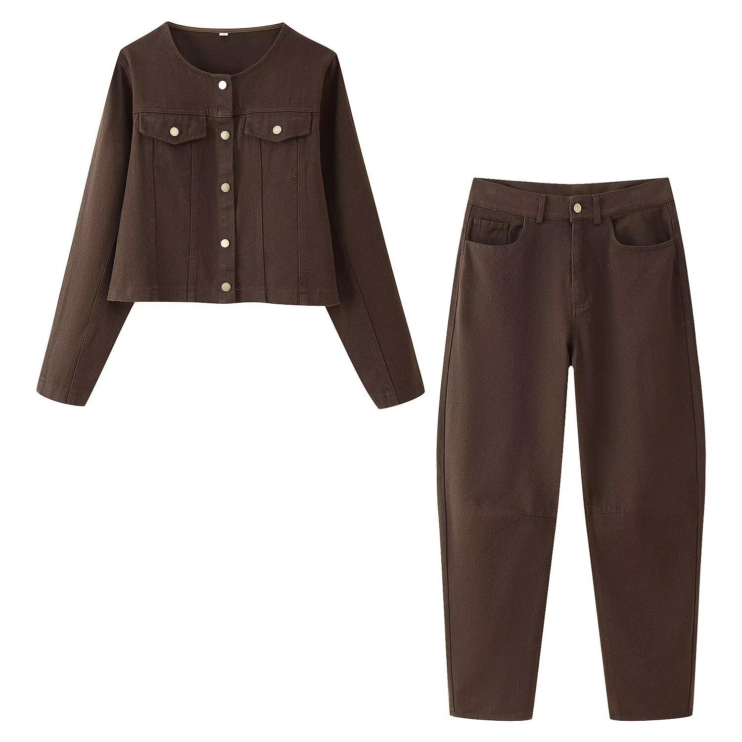 

2025 Spring Women s Denim Waist-Cinching Long-Sleeve Top & Pants Set M