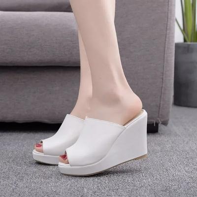 High Heels Für Damen Sandalen Peep Toe Plateau Zum Hineinschlüpfen PU 10CM Keile Freizeit Kleider Sandalen Damenschuhe Weiße Hausschuhe