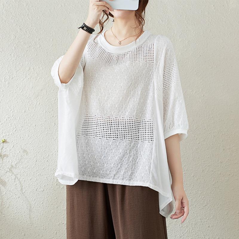 2026 Korean Crochet Hollow Embroidery Shirt - Loose Fit, Large Size Cotton Linen Top Plus Size белый