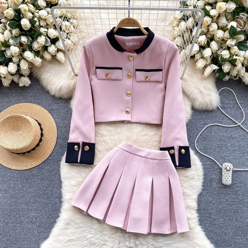 

Classic Style Color Matching Pleated Skirt Cardigan Pink S