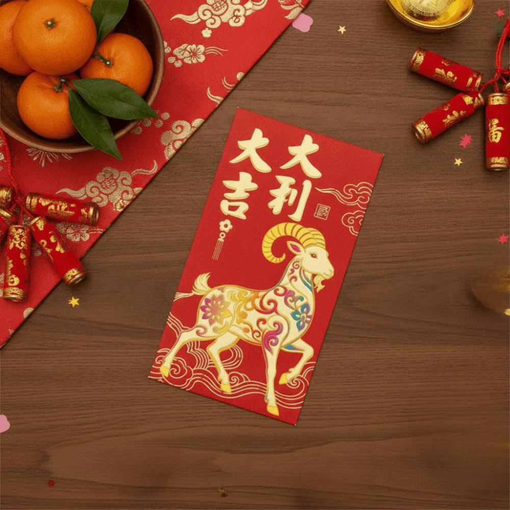 6PCS Colorful Goat Pattern 2027 Chinese New Year Red Envelopes Blessings Printing Hot Stamping Spring Festival Lucky Money Bag
