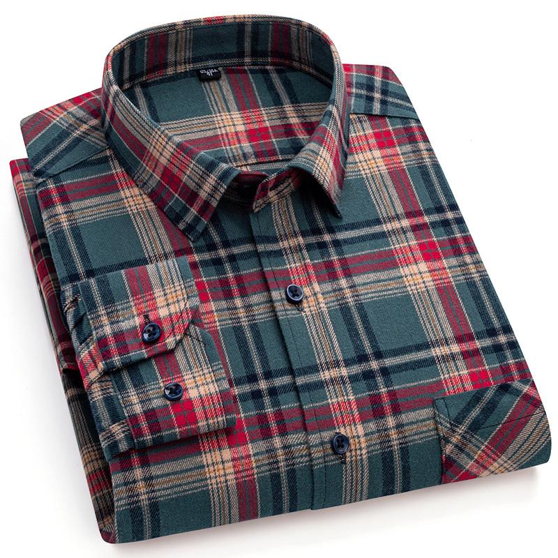 New Flannel Plaid Shirts For Men Spring Cotton Easy Care Non-iron Long Sleeve Casual Clothing Business Smart Dress Top Shirts