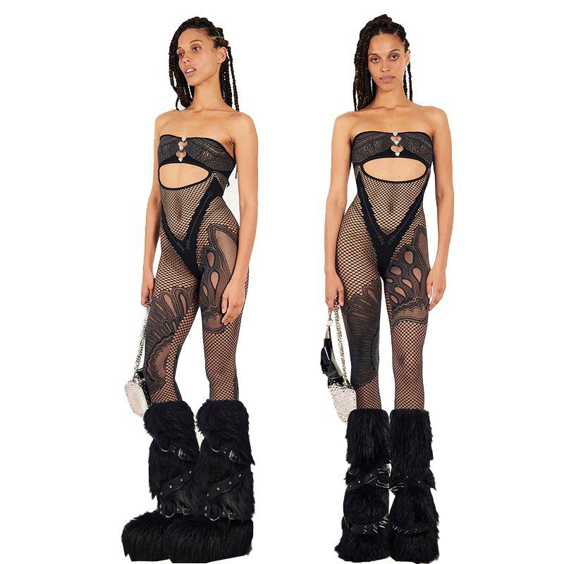 Kkx Fashion Heels Cut Out Mesh Stitching Rhinestone Tube Top Jumpsuit Street Sexy Skinny Slimming Jumpsuit
