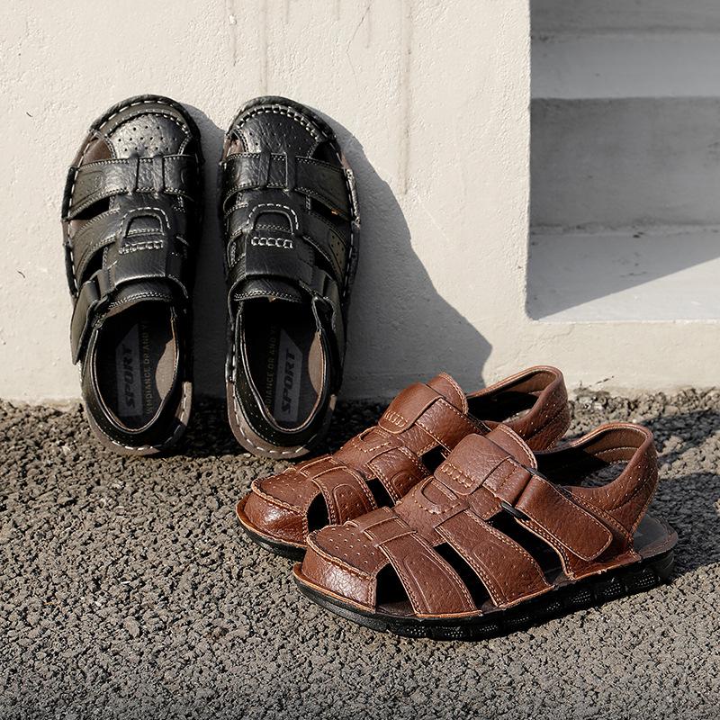 Men's Soft Leather Sandals: Summer Breathable, Non-Slip, Hollowed-Out, Soft Sole Beach Slippers for Students & Middle-Aged Dads