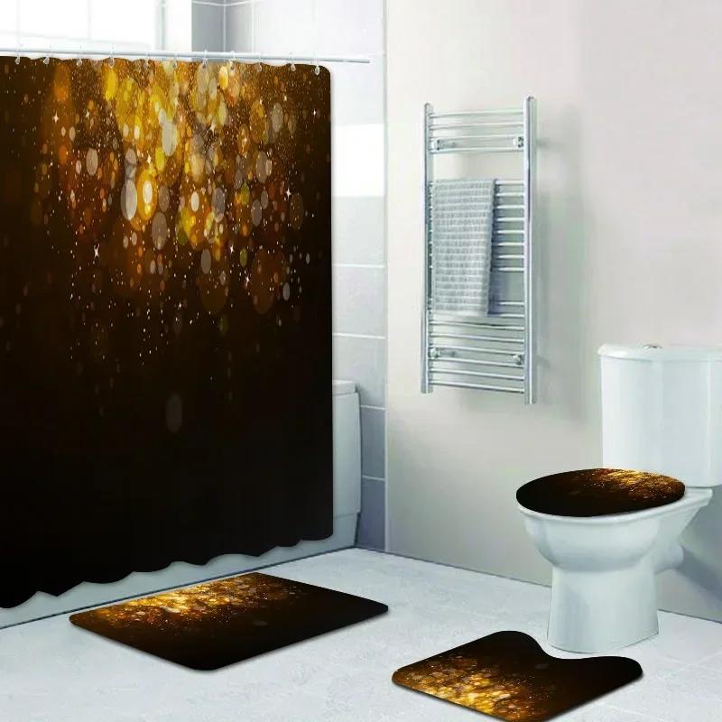 Stylish Black Silver Falling Glitter Confetti Dust Explosion Bathroom Curtains Shower Curtain Set Grey Sparkling Bath Rugs Decor