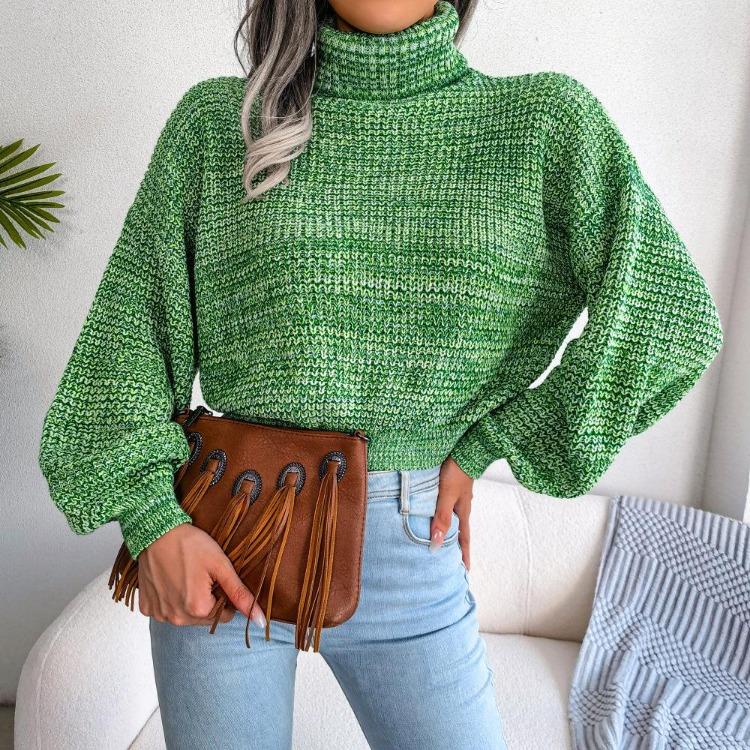 Women Loose Knit Turtleneck Sweater Long Sleeve All Match Fall Winter Mixed Color Lantern S-L