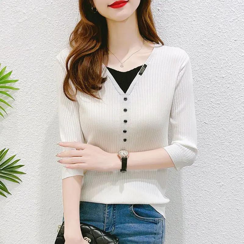 Haut Tricot Fausse Deux Pièces Printemps Femme Col en V Manches Courtes Coupe Ajustée Décontracté Chemisier