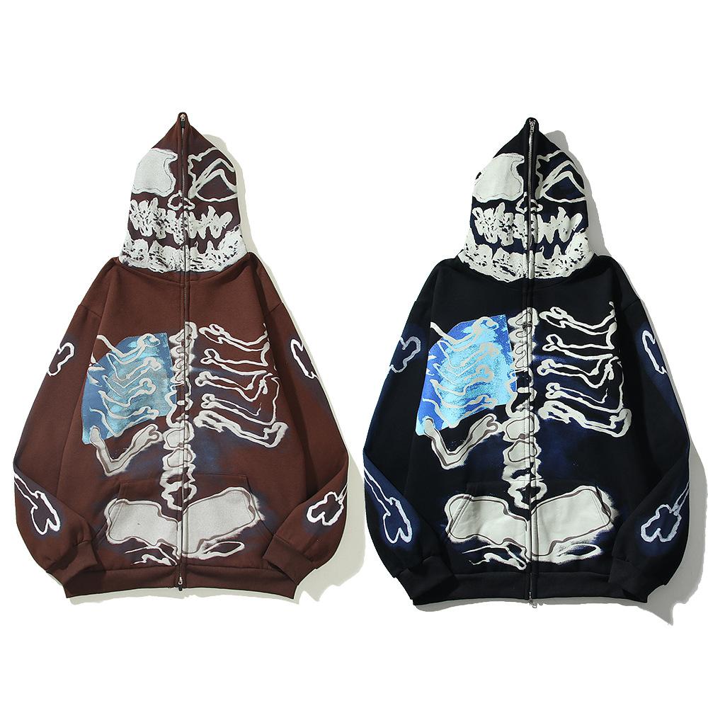 Autumn and winter new European and American trendy brand hip-hop skull zipper sweater jacket men and women the same casual couple hoodie