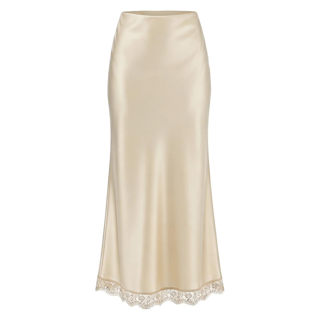Jupe longue évasée pour femme, été, décontractée, coupe ajustée, bordure en dentelle, tissu satiné, design confortable, adaptée à diverses occasions