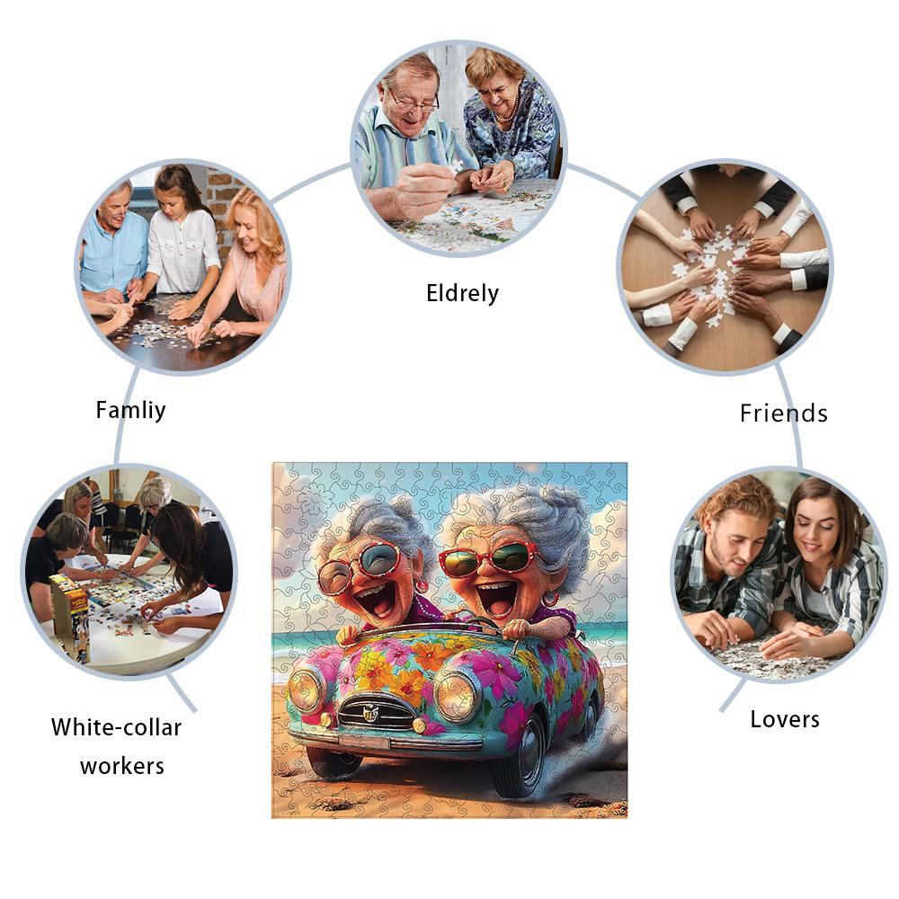 Wooden Puzzle For Adults,Happy Old Lady Wood Puzzles, Irregular Shaped Unique Wooden Jigsaw Puzzle,  Modern Art Home Decor