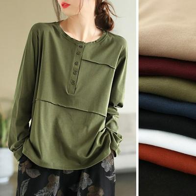 Literary Retro Spring and Autumn Long-sleeved T-shirt Women's Casual Thin Stitching Button Bottoming Shirt Top Women