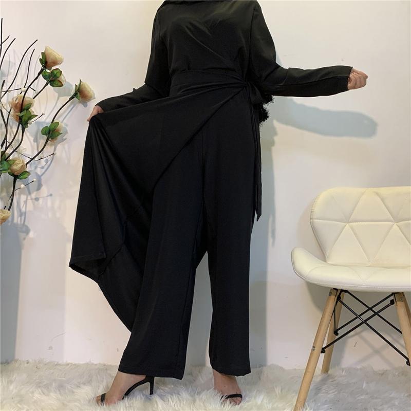 Muslimische Damenmode für Frische Einfarbige Overalls Kleider Abaya Dubai Türkei Islam Schnürung Hoher Bund Kleidung Langarm