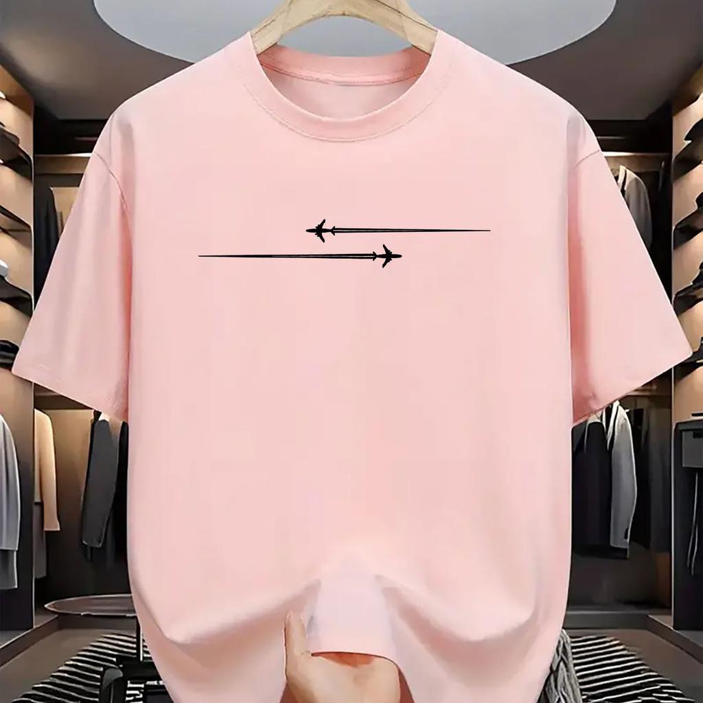 Summer Men's 100% Cotton Casual Loose Large Creative Airplane Pattern Printed Comfortable Sports Round Neck Short Sleeve T-shirt