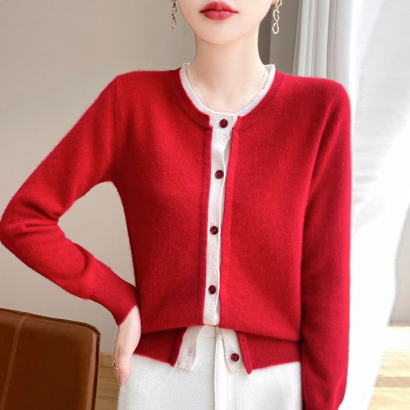 100% Pure Wool Color Block Round Neck Sweater - Women's Autumn/Winter Knit Cardigan, Solid Color, Fake Two-Piece Style.