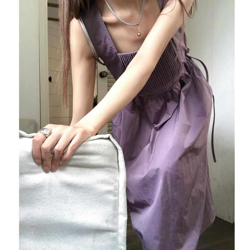 Korean Version Purple Suspender Dress for Women In Summer with Gentle Waist Style A-line Long Skirt