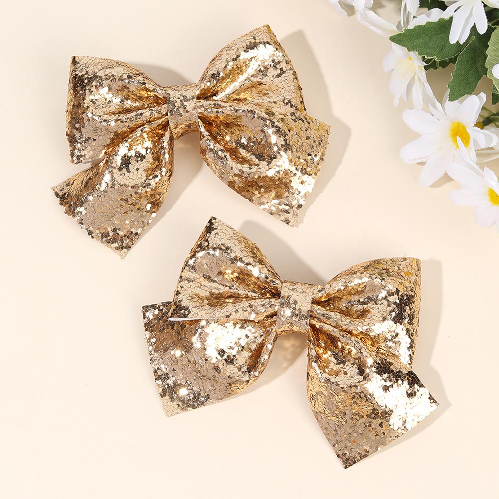 2Pcs Sparkling Bow Hair Clips Gold Glitter Solid Hairpins Sweet Sequin Barrette For Girls Kids Headwear Hair Accessories