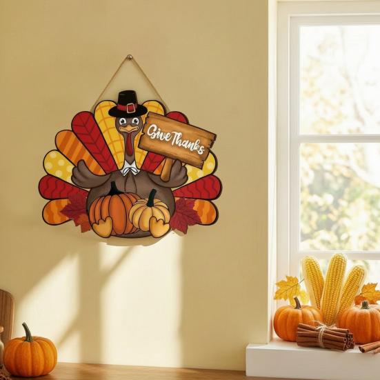 Thanksgiving Holzschild, Truthahn und Kürbis Willkommen Wandbehang Dekoration mit "Dankbar sein", Rustikale Farmhaus Herbst Ernte Dekoration für Haustür