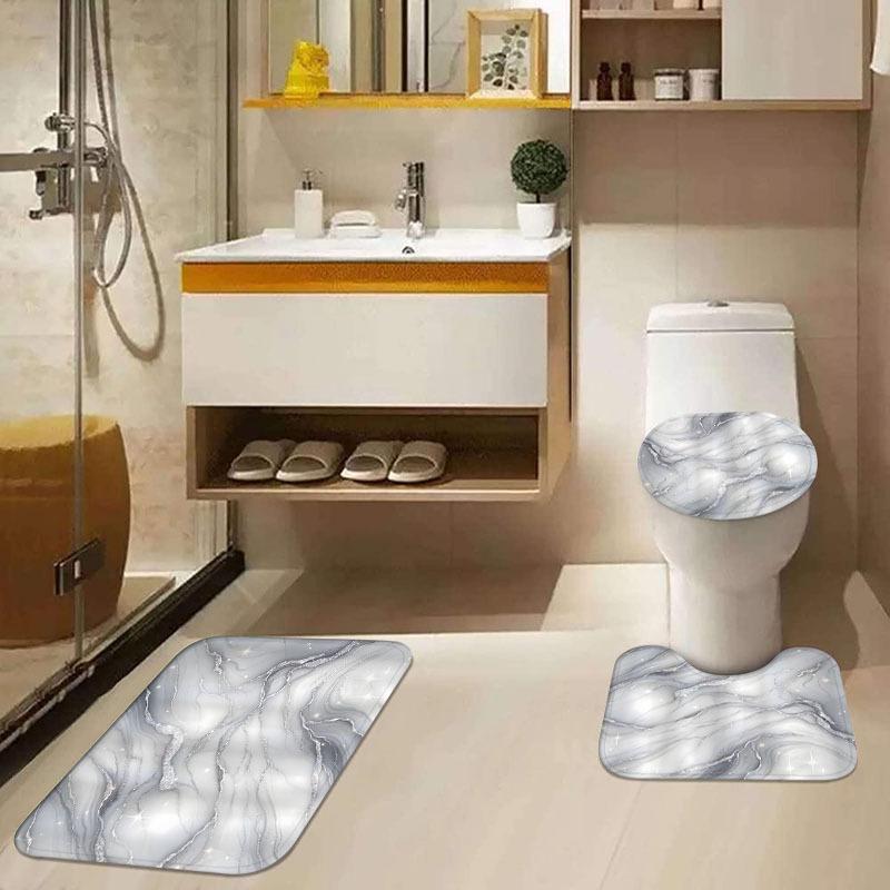 1/4 Stück Weißer Marmor Wasserdichter Duschvorhang Set Dekoratives Badezimmer-Set Rutschfester Teppich Toilettendeckel Badematte Und 12 Haken