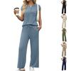 Fashion Women's Spring And Summer Short Sleeved V-neck Top Loose Wide Leg Pants Set