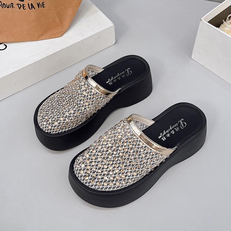Baotou mesh breathable word with muffin bottom women's outer slippers solid color waterproof table square head casual Korean version sandals