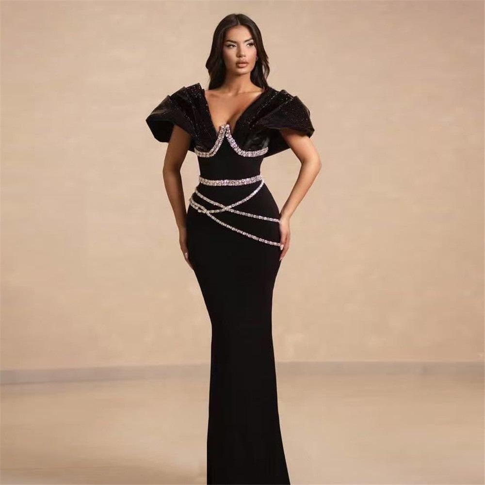 European & American Handmade Rhinestone V-Neck Bandage Patchwork Party Gown