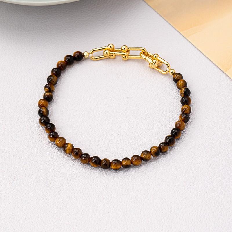 Copper Chain Necklace With Brown Tiger Eye Beads U-Shaped Clasp Vintage Boho Choker Women Men Winter