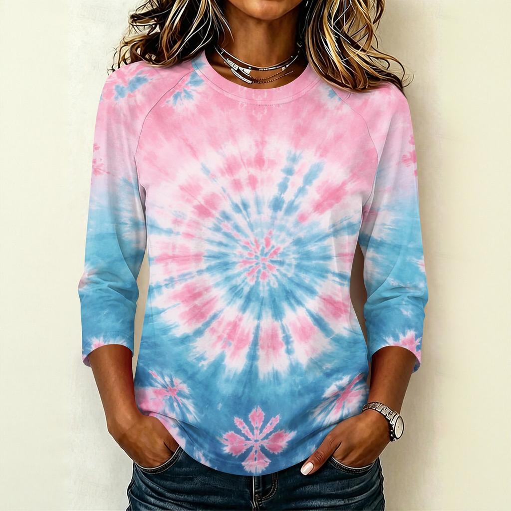 Damen Lässiger Raglanärmel Pullover T-Shirt Rundhalsausschnitt Dreiviertelarm Batik Print Oberteil für den Alltag