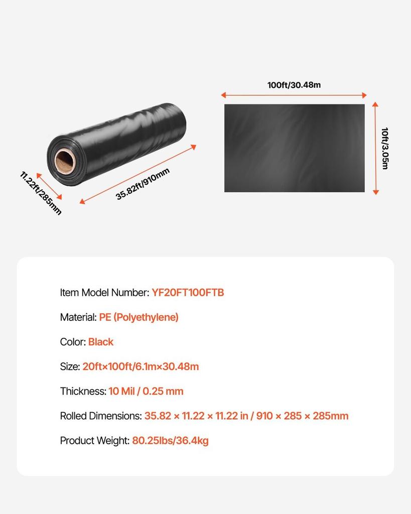 10Mil Plastic Sheeting Roll 20 X 100 FT Heavy Duty Polyethylene Black