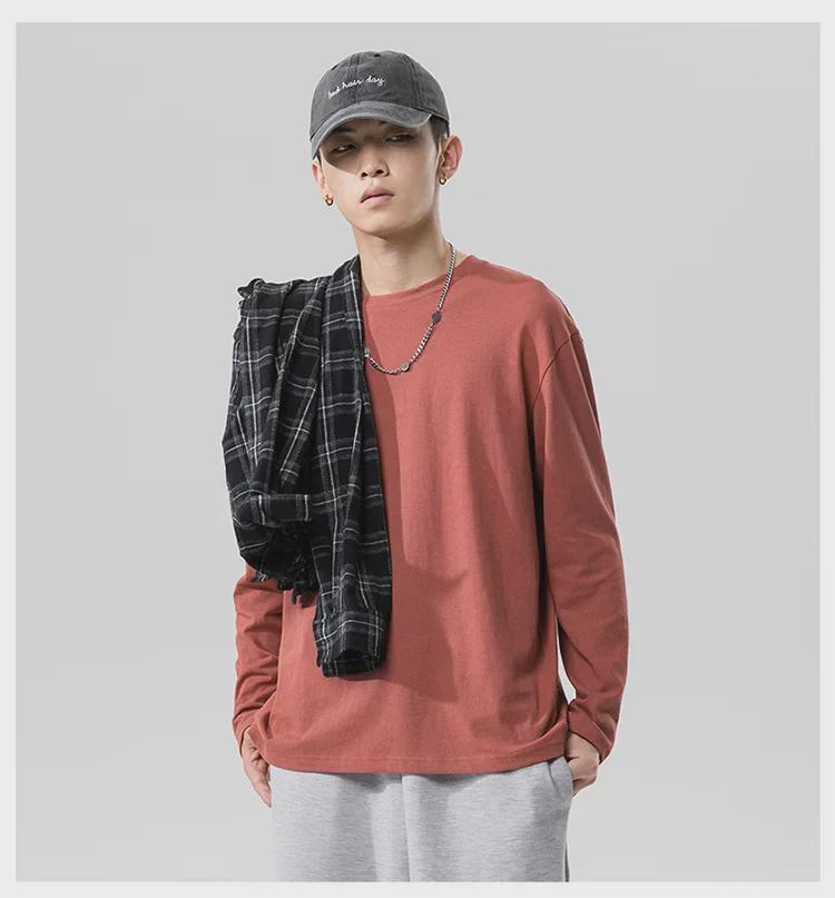 Men's Multicolor Long Sleeve Cotton T-shirt, Couple Outfit, Solid Color, Youth Style