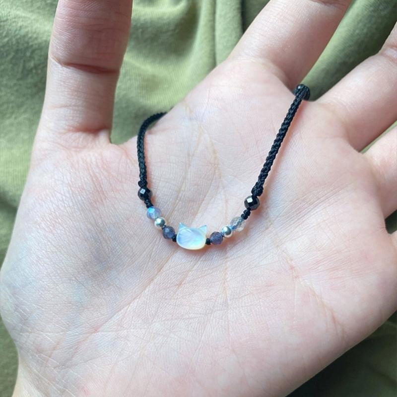 Set of 2 Cat Pendant Handchain Handcrafted Matching Bracelets with Shell Embellishments Handwoven Couple Wristchain