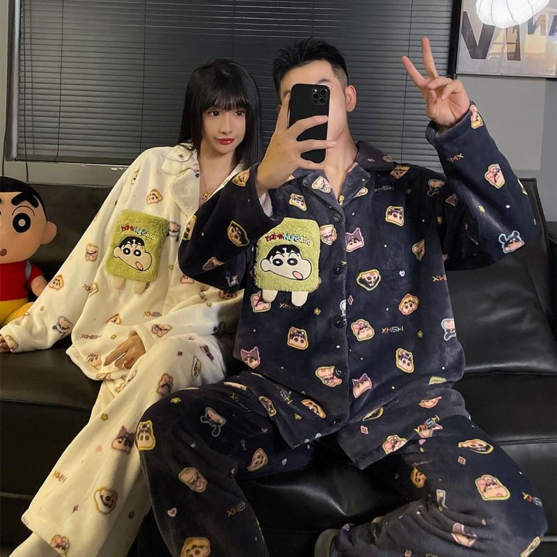 Thick Flannel Pajama Set Couples Cartoon Design Warm Sleepwear Long Sleeve Home Loungewear
