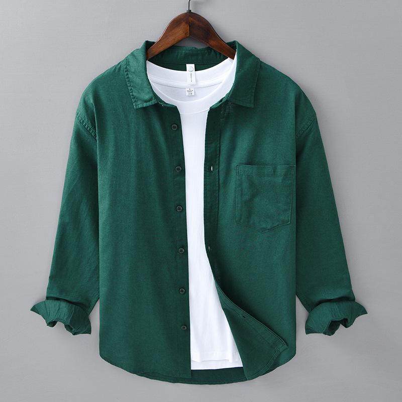 

Весенне-летняя базовая рубашка с длинным рукавом для мужчин, повседневные рубашки с отложным воротником, однотонная рубашка из хлопка и льна, простые мужские топы XXXL