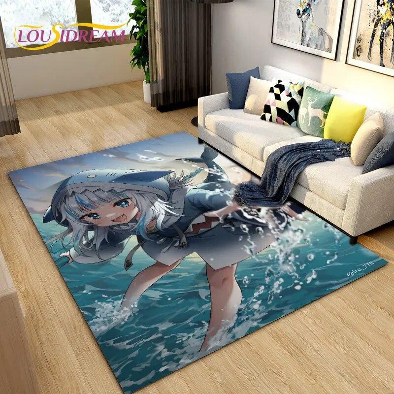 Cute Anime Gawr Gura Hololive Shark Area Rug,Carpet Rug for Living Room Bedroom Sofa Doormat Decoration, Kids Non-slip Floor Mat