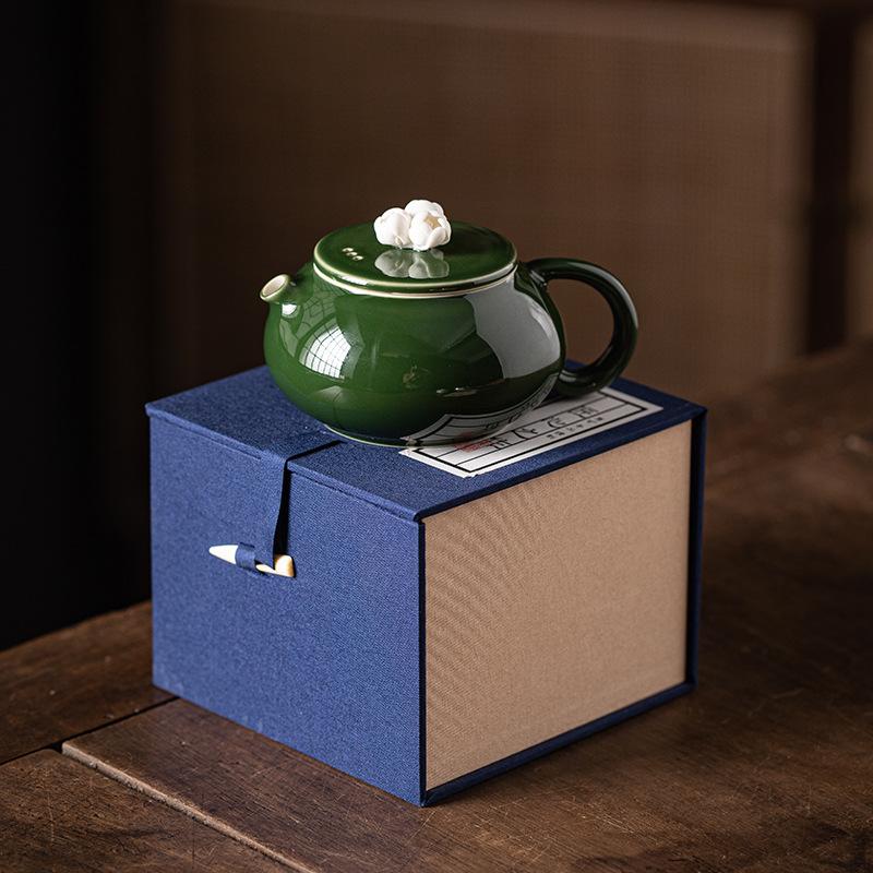 Grandmother Green Glaze Ceramic Plum Blossom Teapot Handmade Single Pot Household Tea Brewing Kung Fu Teapot with Filter Ball Hole Breaking Teapot