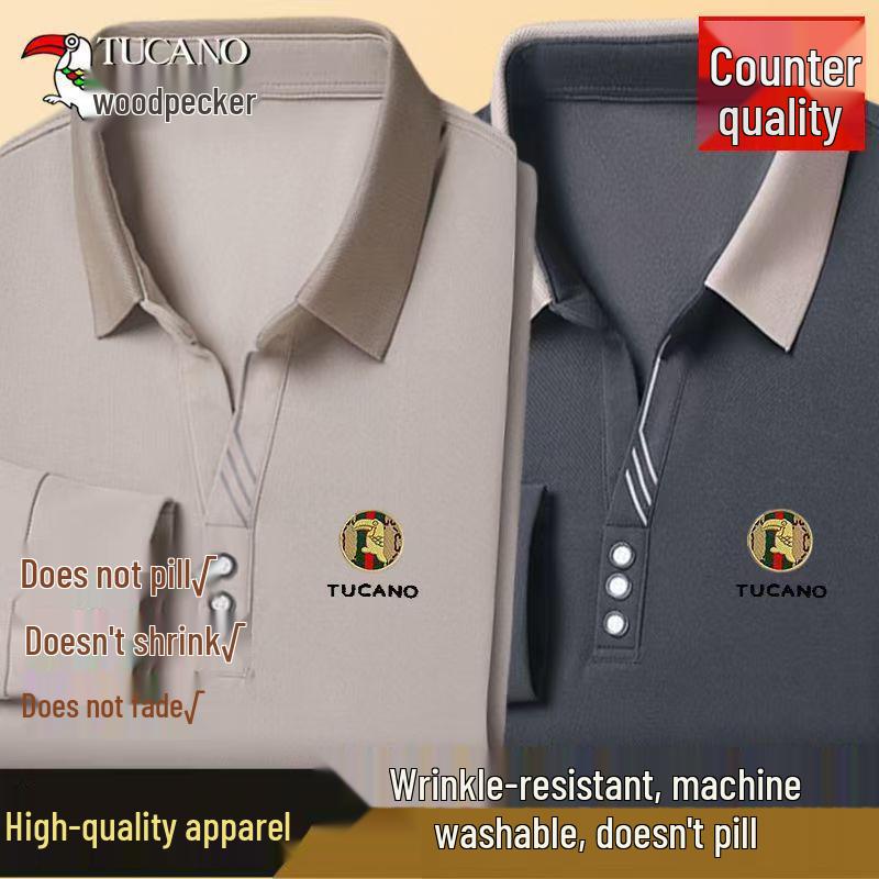Woodpecker Men's Long-Sleeve Solid Color Polo Shirt with V-Turn Collar for Spring and Autumn.