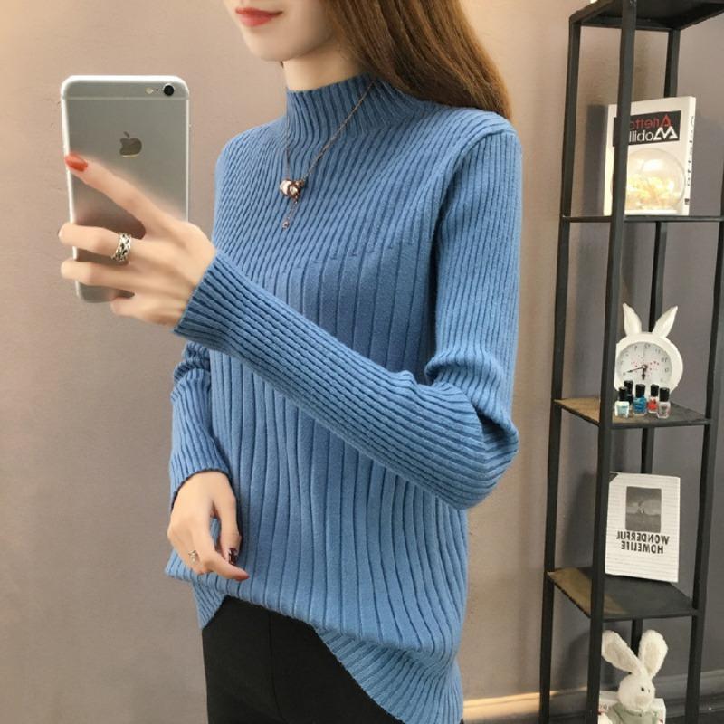 Autumn Winter Slim Casual Fashion Half High Collar Sweater Women Solid Color All-match Bottomed Knitting Tops