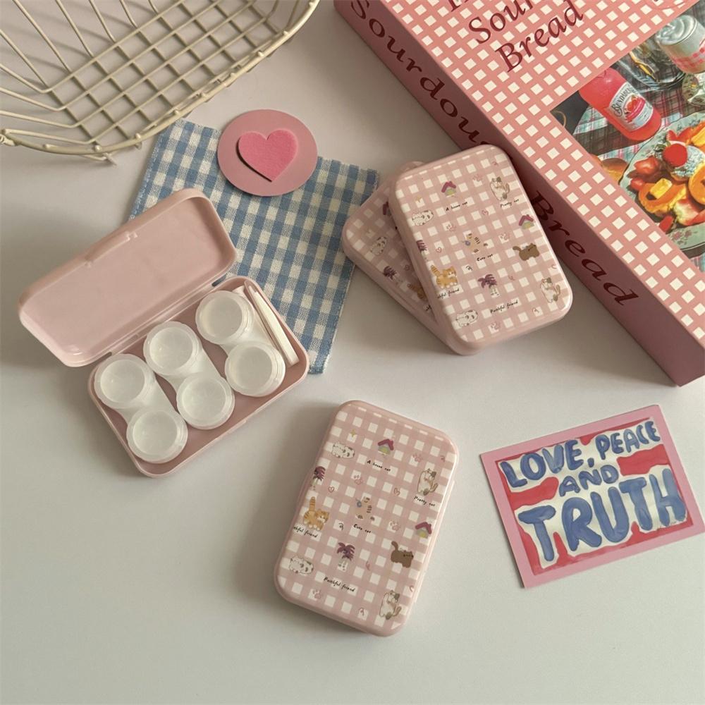 

INS Sweet Cartoon Large Capacity Contact Lens Cases for Girl Cute Plaid Puppy Kitten Lens Box Portable Eye Contact Organizer розовый