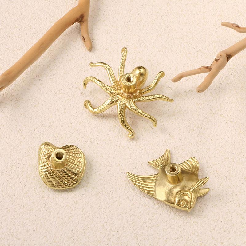 3pc Octopus Gold Color Shell Fish Brass Handle Retro Luxury Cabinet Door Knobs Single Hole Push-pull Wardrobe Drawer Pulls