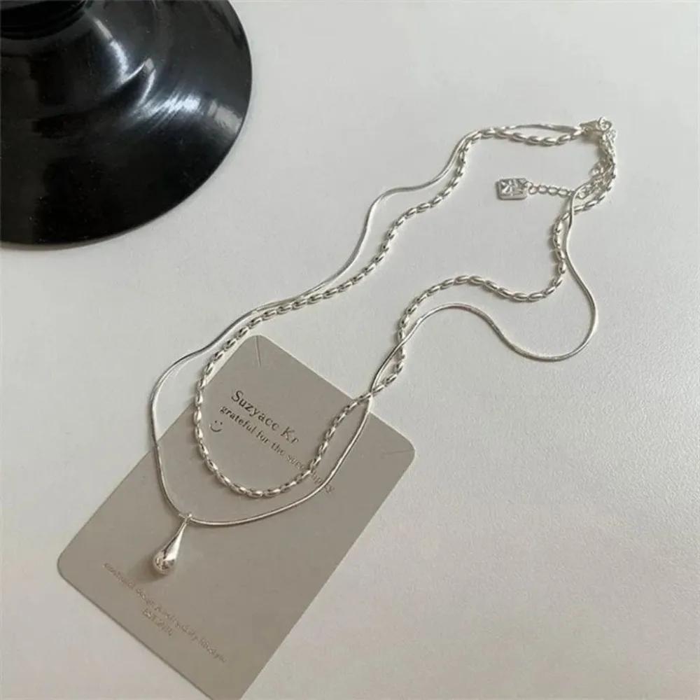 Charm Trendy Silver Color Beaded Double-deck Water Drop Pendant Necklace for Women Temperament Collar Jewelry Korea Accessory