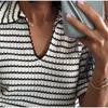 Damski teksturowany dzianinowy zestaw topu i spodni z dekoltem w serek, codzienny, wszechstronny styl, lato nowy damski zestaw ubrań z krótkim rękawem i spodniami w paski, luźny