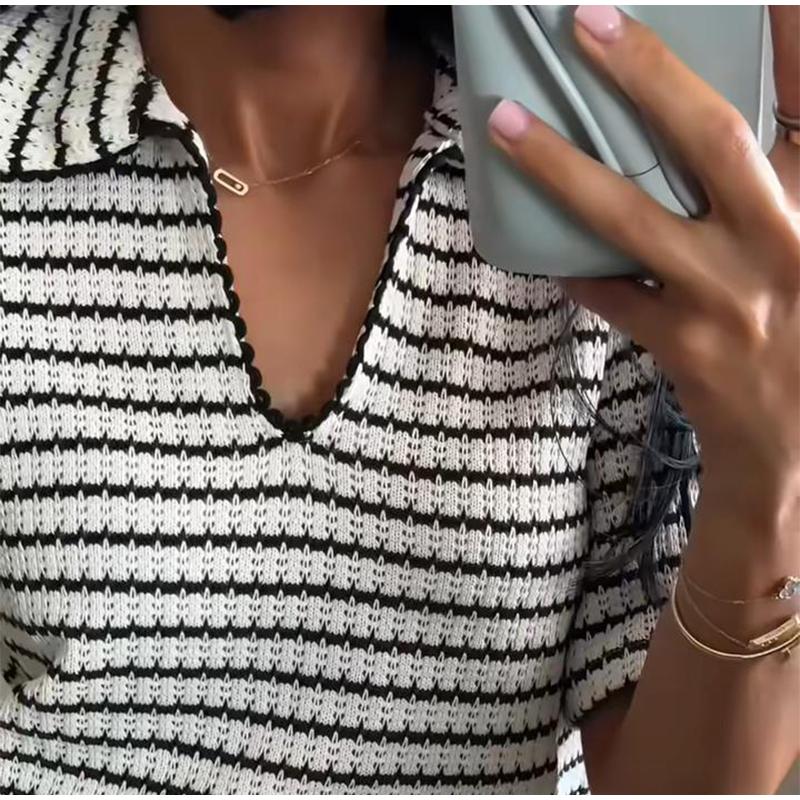 Damski teksturowany dzianinowy zestaw topu i spodni z dekoltem w serek, codzienny, wszechstronny styl, lato nowy damski zestaw ubrań z krótkim rękawem i spodniami w paski, luźny