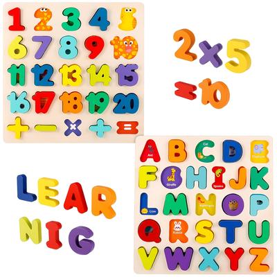Wooden Letter And Number Puzzle, Mixed Colors, With Puzzle Board And Letter Blocks, Suitable For Early Childhood Education, Suit